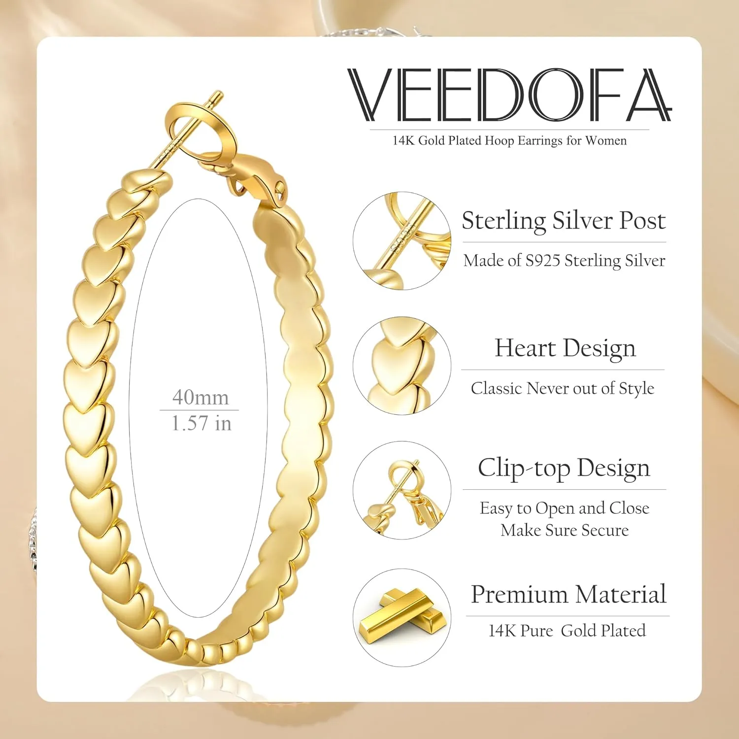 925 Sterling Silver Hoop Earrings for Women - Hypoallergenic Trendy Thick Large Hoops with Gift Box, Lightweight Heart Earrings for Women