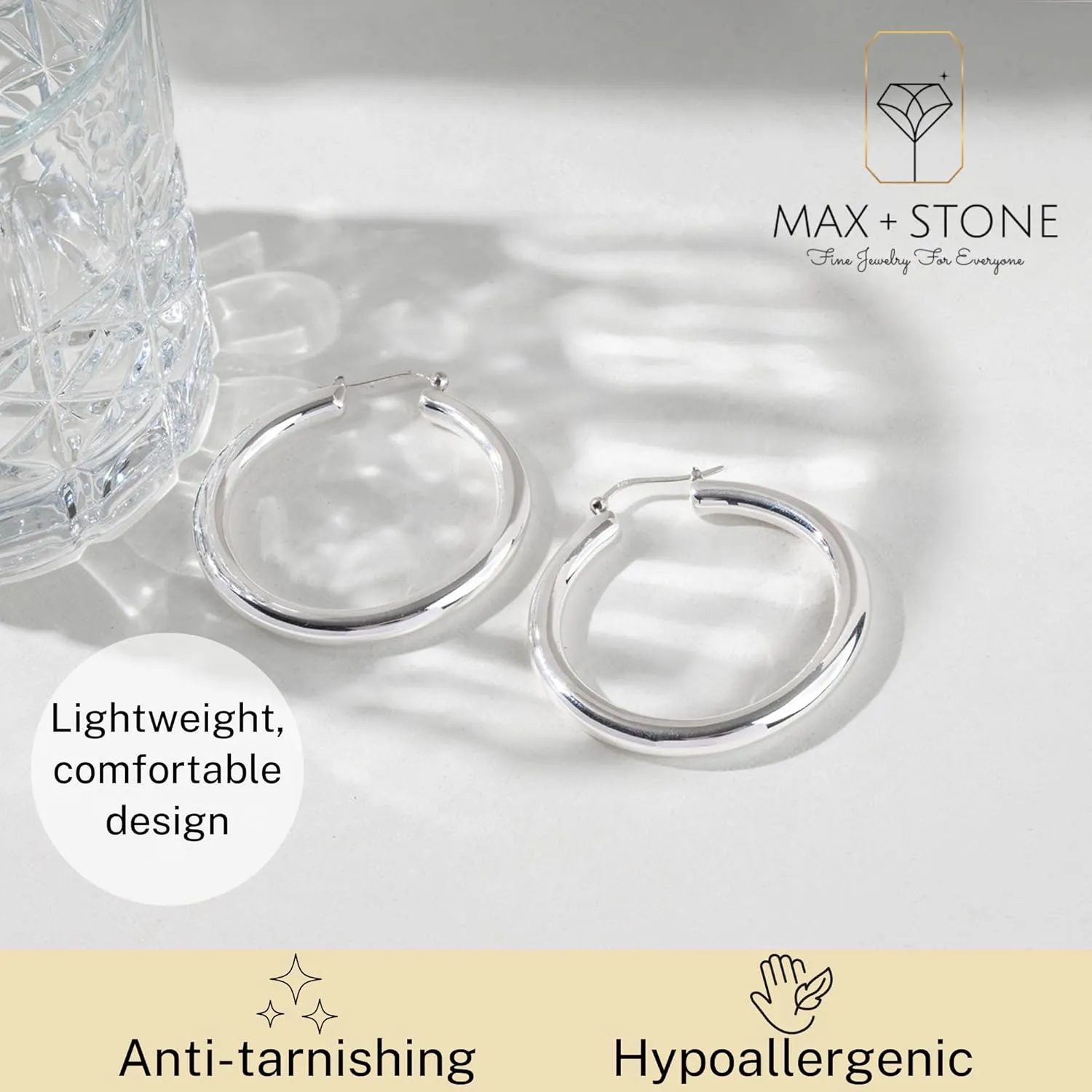 925 Sterling Silver Polished Chunky Hoop Earrings for Women | Hypoallergenic Round Sterling Silver Hoop Earrings | Lightweight Thick Silver Earrings Hoops 1, 1.5 & 2 Inches by MAX   STONE