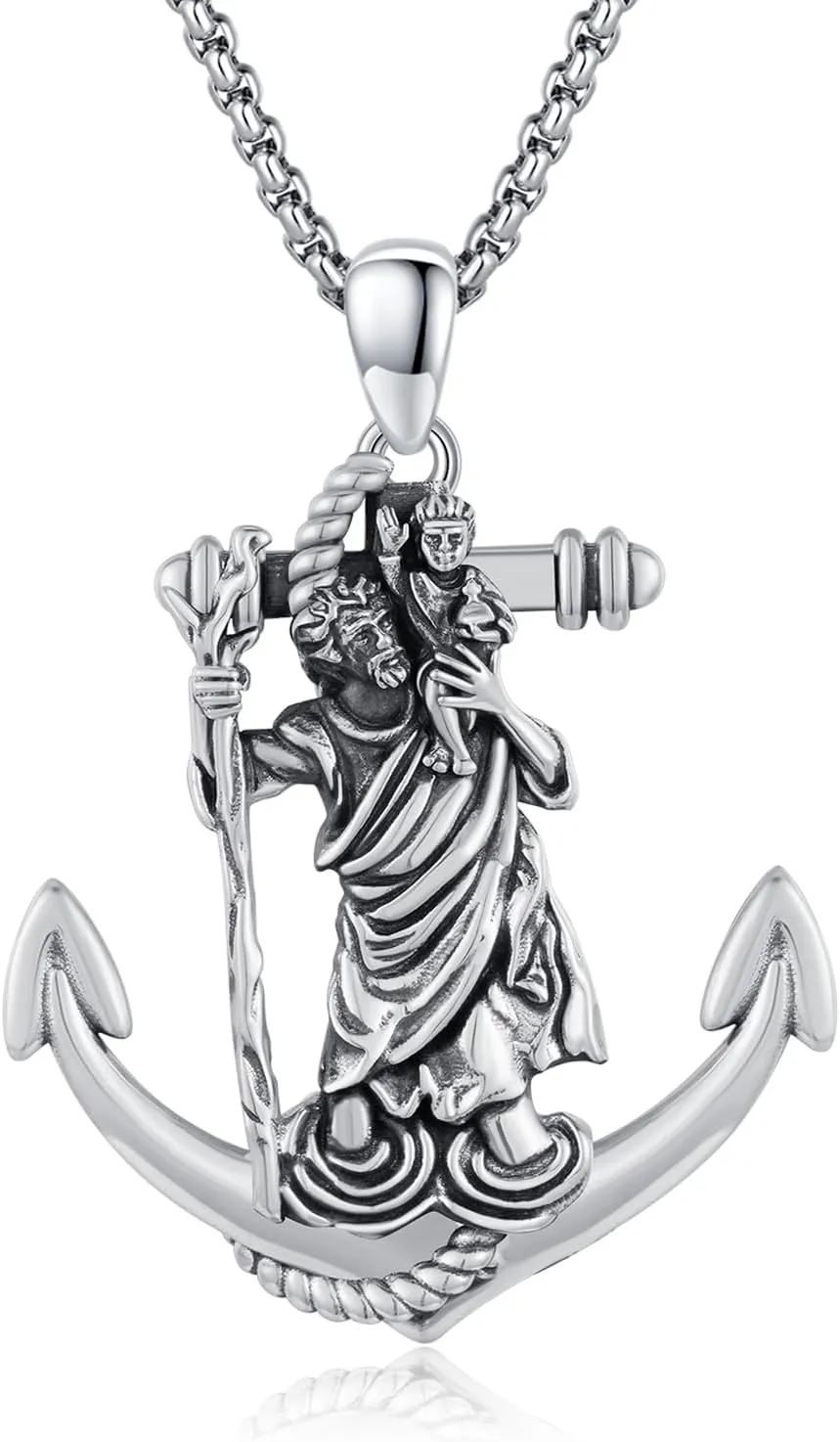 925 Sterling Silver Saint Christopher/Benedict/Michael/Patrick/Raphael Necklace for Men Patron Saint Necklace with Anchor Pendant Amulet Necklaces Protection Jewelry with 22" 2" Rolo Chain