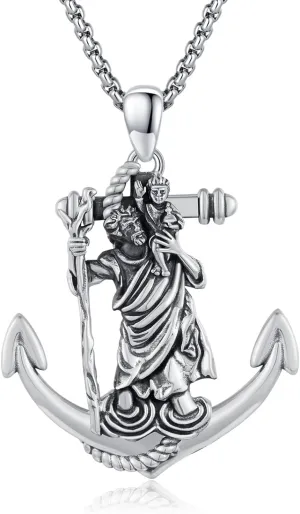 925 Sterling Silver Saint Christopher/Benedict/Michael/Patrick/Raphael Necklace for Men Patron Saint Necklace with Anchor Pendant Amulet Necklaces Protection Jewelry with 22" 2" Rolo Chain