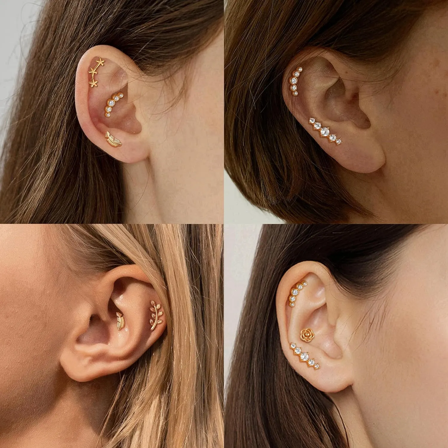 9Pcs 16G Cartilage Earring Set Stainless Steel Helix Earrings for Women Opal CZ Stud Earrings Butterfly Star Flower Flat Back Cartilage Conch Piercing Jewelry