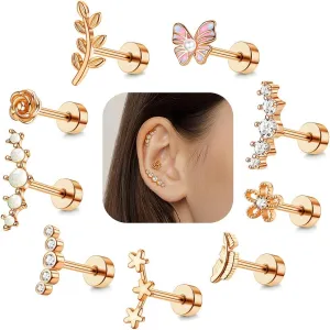 9Pcs 16G Cartilage Earring Set Stainless Steel Helix Earrings for Women Opal CZ Stud Earrings Butterfly Star Flower Flat Back Cartilage Conch Piercing Jewelry