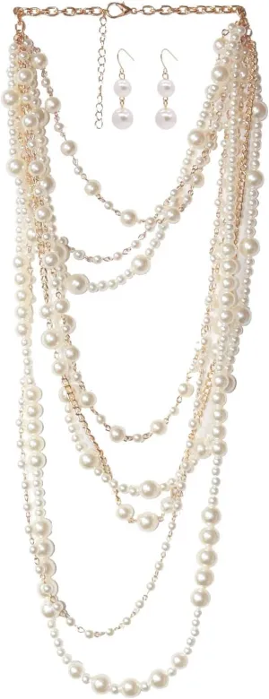 ABJFJE Womens Multi Layer Faux Pearl Crystal Flower Choker Necklace and Drop Earring Set Fashion Large Simulated Pearl Statement Collar Bib Long Sweater Necklace Costume Jewelry Set