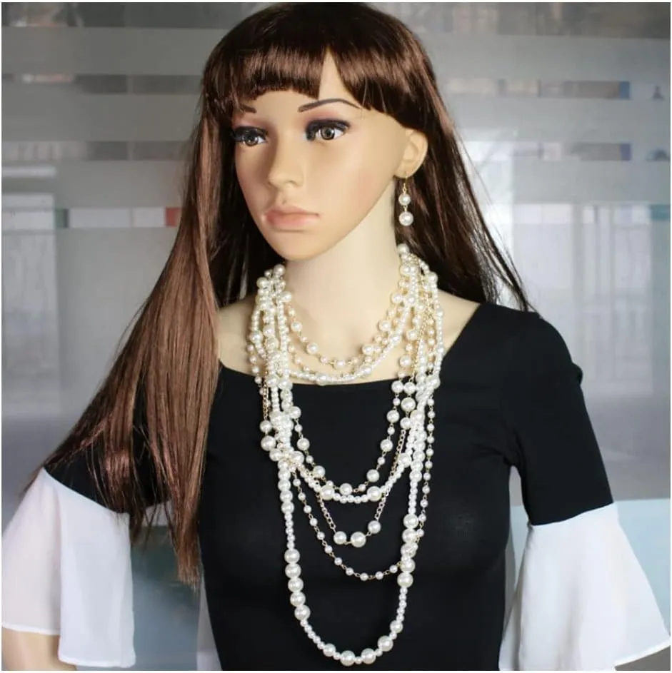 ABJFJE Womens Multi Layer Faux Pearl Crystal Flower Choker Necklace and Drop Earring Set Fashion Large Simulated Pearl Statement Collar Bib Long Sweater Necklace Costume Jewelry Set
