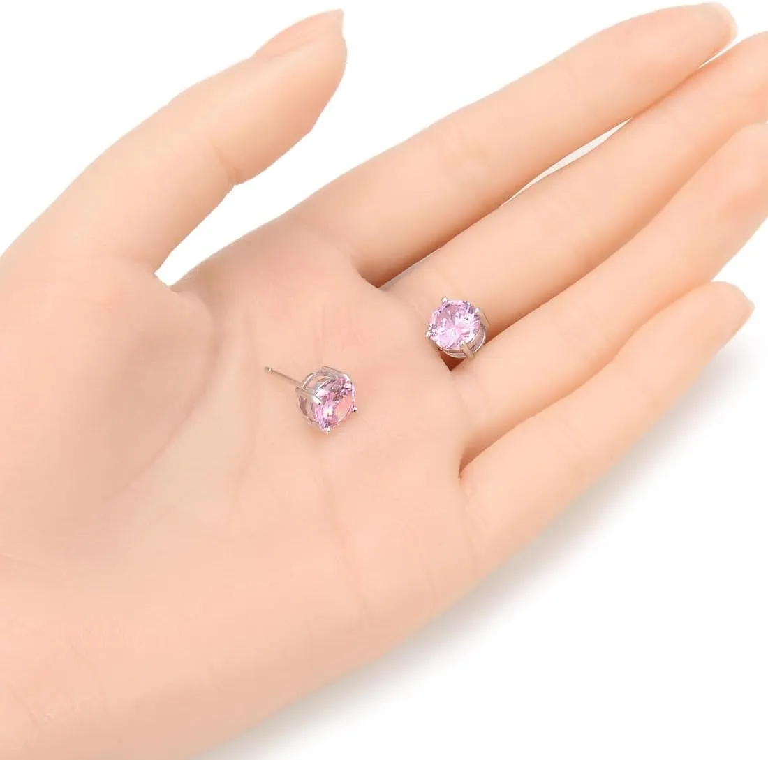 Adabele Authentic Sterling Silver Birthstone Stud Earrings 6mm 8mm Cubic Zirconia Diamond Gemstone Hypoallergenic Nickel Free Tarnish Resistant Women Fine Jewelry