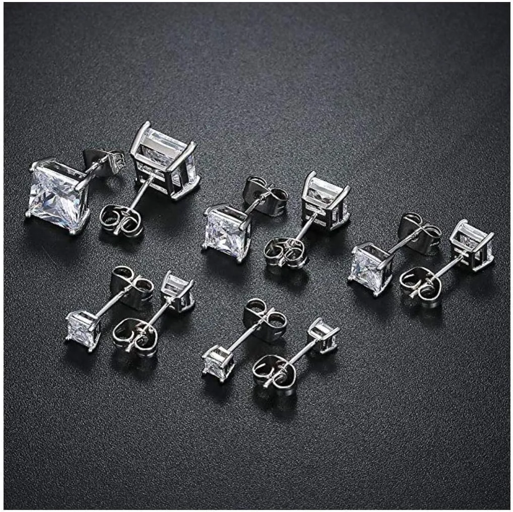 Adabele Authentic Sterling Silver Hypoallergenic 3mm-8mm Cubic Zirconia Diamond Gemstone Princess Cut Stud Earrings Nickel Free Tarnish Resistant Women Men Fine Jewelry