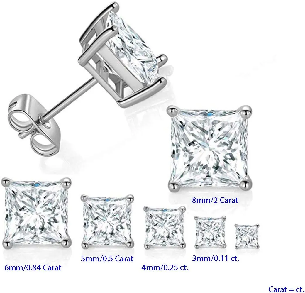 Adabele Authentic Sterling Silver Hypoallergenic 3mm-8mm Cubic Zirconia Diamond Gemstone Princess Cut Stud Earrings Nickel Free Tarnish Resistant Women Men Fine Jewelry