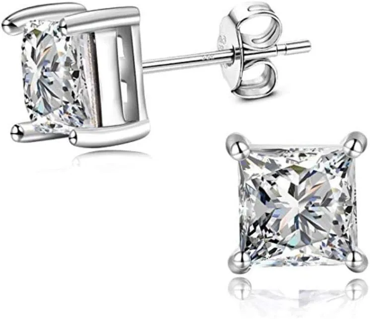 Adabele Authentic Sterling Silver Hypoallergenic 3mm-8mm Cubic Zirconia Diamond Gemstone Princess Cut Stud Earrings Nickel Free Tarnish Resistant Women Men Fine Jewelry