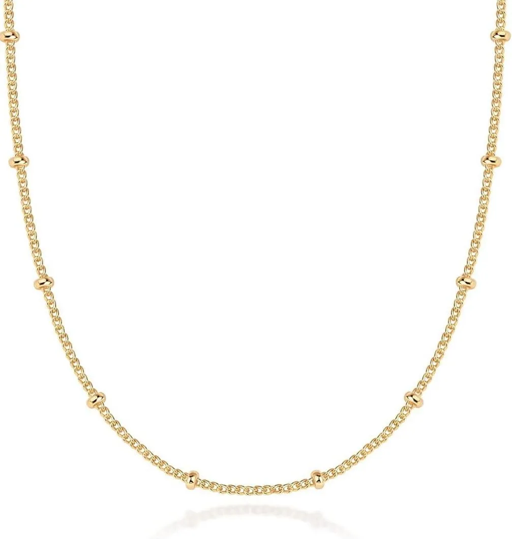 Adabele Solid 925 Sterling Silver Gold Filled 1.9mm Satellite Bead Station Curb Chain Necklace Thin Dainty Tarnish Resistant Hypoallergenic Nickel Free Women Jewelry
