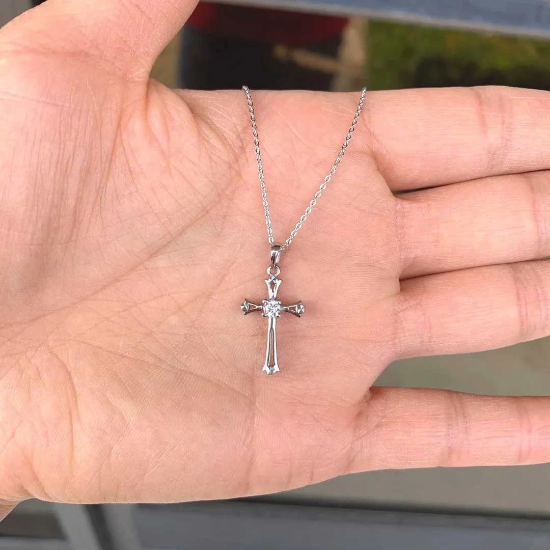 Adabele Solid Sterling Silver Small Tiny Cross Sign Pendant Faith Necklace Dainty Cubic Zirconia Diamond Gemstone Thin Chain Women Jewelry Hypoallergenic Nickel Free