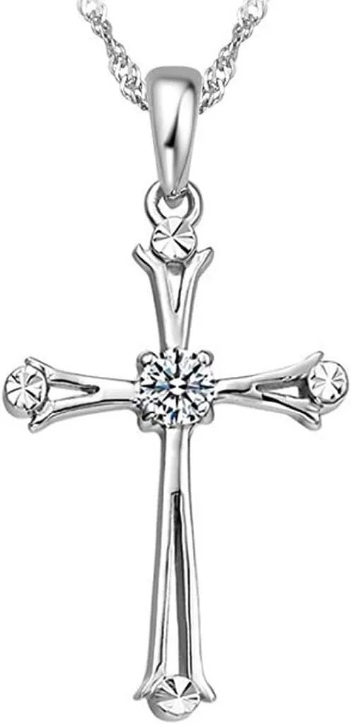 Adabele Solid Sterling Silver Small Tiny Cross Sign Pendant Faith Necklace Dainty Cubic Zirconia Diamond Gemstone Thin Chain Women Jewelry Hypoallergenic Nickel Free