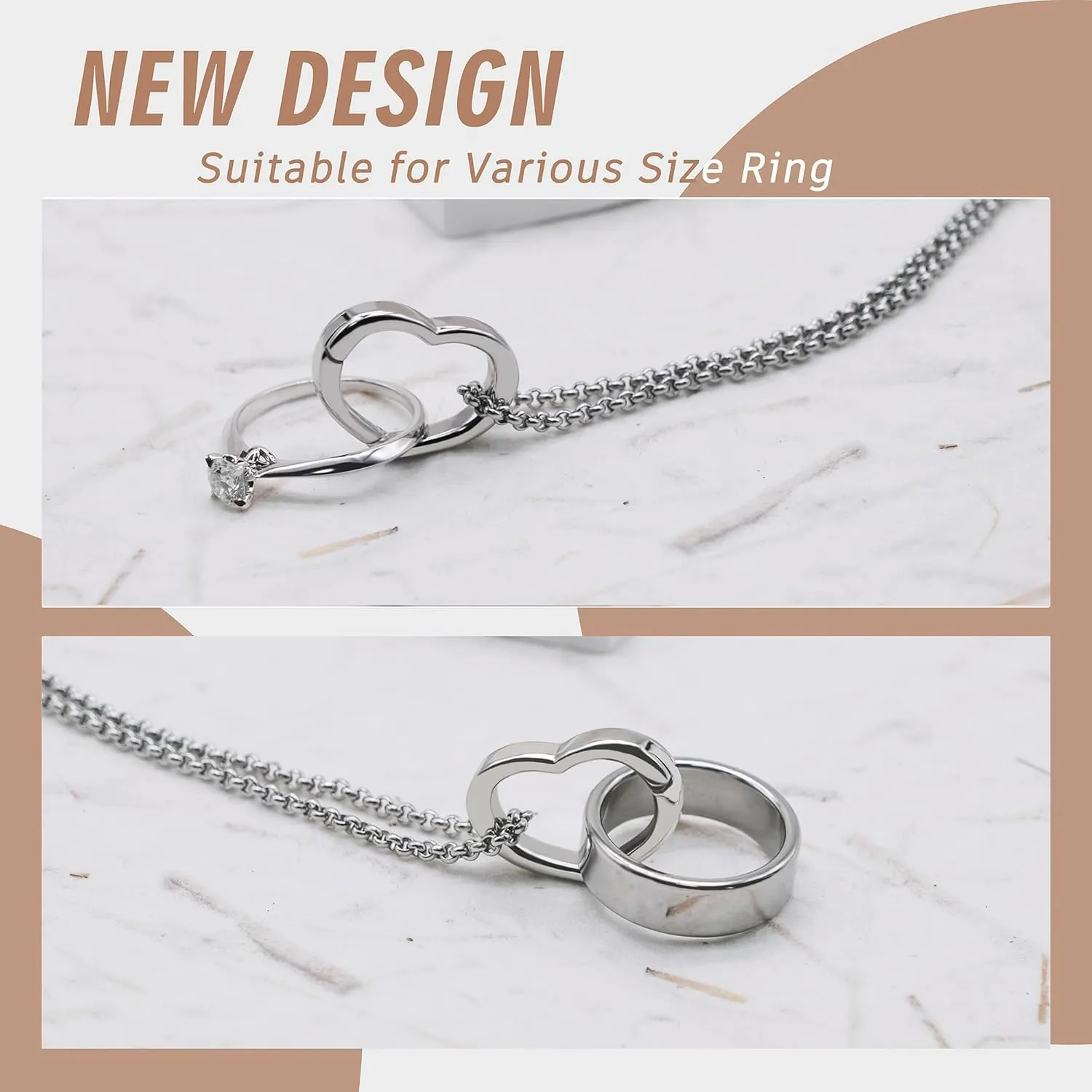 Adjustable Ring Holder Necklaces for Mom, Cute Heart Stainless Steel Wedding Engagement Ring Chain for Women Men