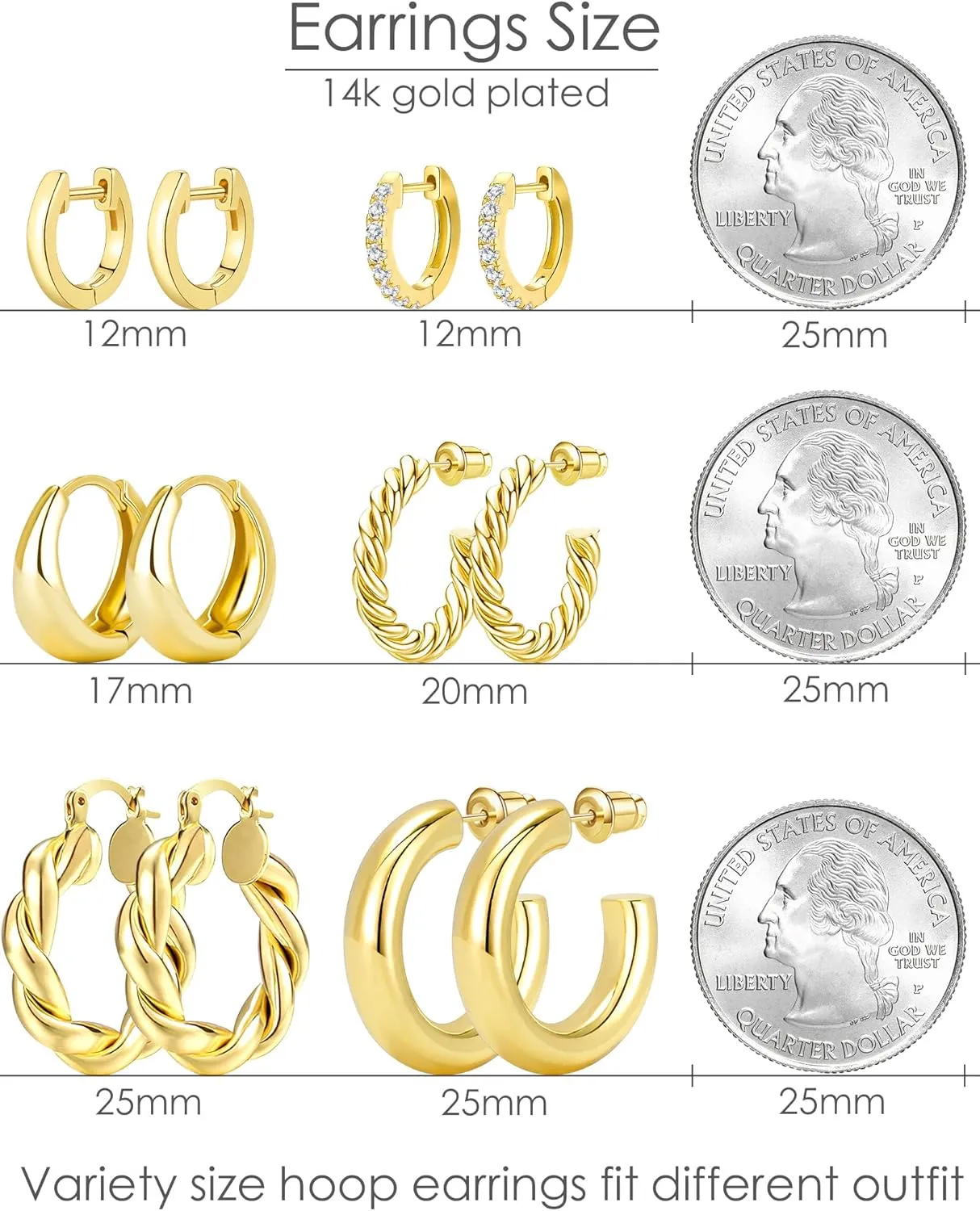 Adoyi Gold Hoop Earrings Set for Women 14K Gold Plated Chunky Hoops Twisted Huggie Gold Hoop Earrings for Gift Lightweight