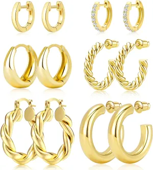 Adoyi Gold Hoop Earrings Set for Women 14K Gold Plated Chunky Hoops Twisted Huggie Gold Hoop Earrings for Gift Lightweight