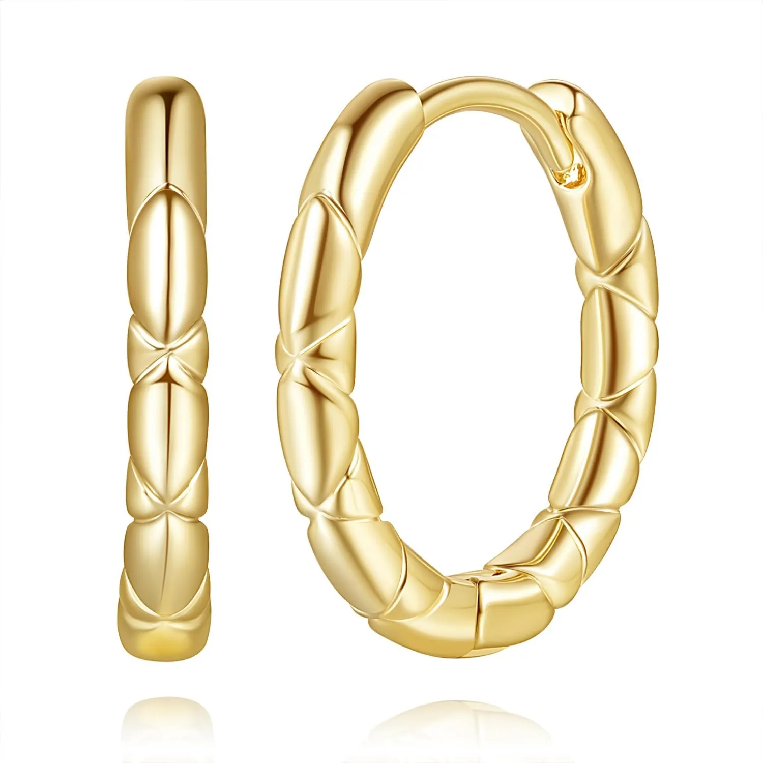 Al&Tiffy 14K Gold Hoop Earrings Huggie Hoops Earring Gold Small Hoop Earrings for Women Crosshatch Engraving Hoops Jewelry 15mm*2mm