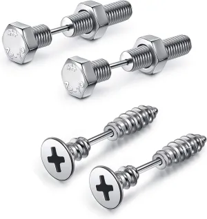 AllerPierce Stainless Steel Punk Earrings Cool Screw on Earring Studs Backs Piercing Jewelry for Men Women