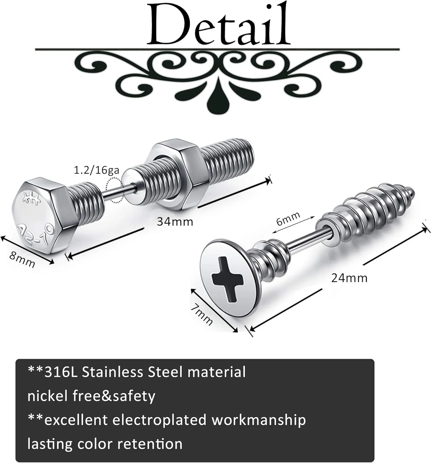 AllerPierce Stainless Steel Punk Earrings Cool Screw on Earring Studs Backs Piercing Jewelry for Men Women
