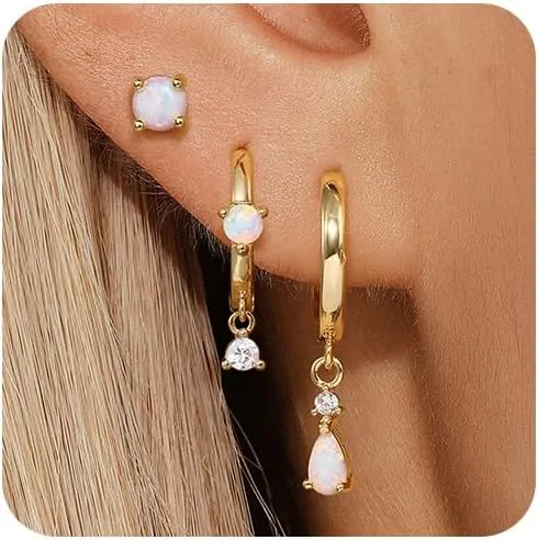 Angelady Opal Earrings Set for Women, Hypoallergenic S925 Sun Stud Earring for Sensitive Ears, Dainty Hoop Huggie Silver Opal Dangle Earring Stacks, Gold Earrings for Women Trendy 2025