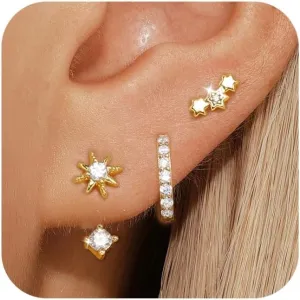 Angelady Sterling Silver Earrings Set for Women, Gold Plated Stud Hoop Earring Stacks for Women, Cartilage Huggies Earrings Set for Multiple Piercings