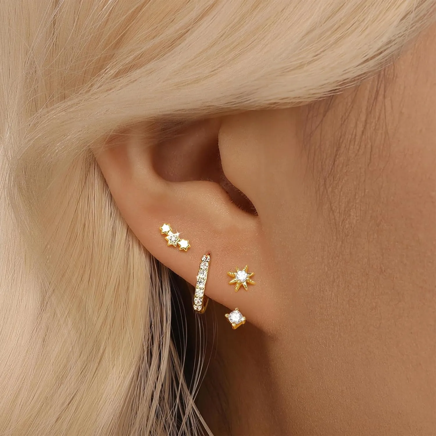 Angelady Sterling Silver Earrings Set for Women, Gold Plated Stud Hoop Earring Stacks for Women, Cartilage Huggies Earrings Set for Multiple Piercings