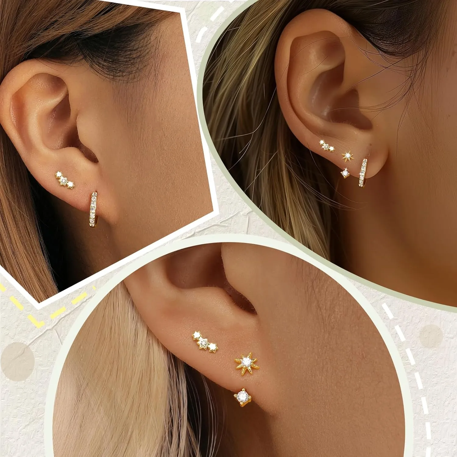 Angelady Sterling Silver Earrings Set for Women, Gold Plated Stud Hoop Earring Stacks for Women, Cartilage Huggies Earrings Set for Multiple Piercings