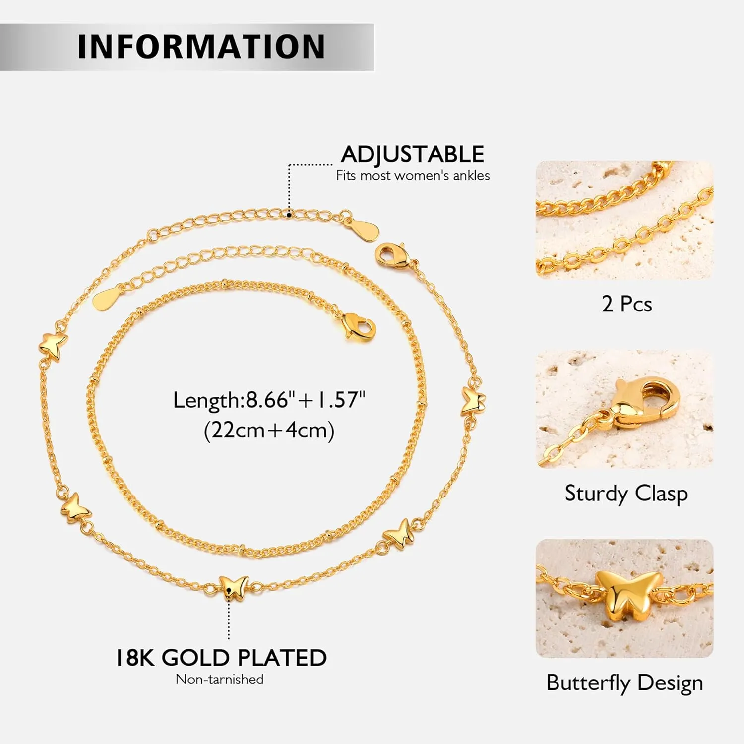 Anklets for Women 18K Gold Silver Plated Ankle Bracelets Waterproof Beaded Chain Dainty Layered Summer Beach Foot Jewelry Adjustable 2Pcs