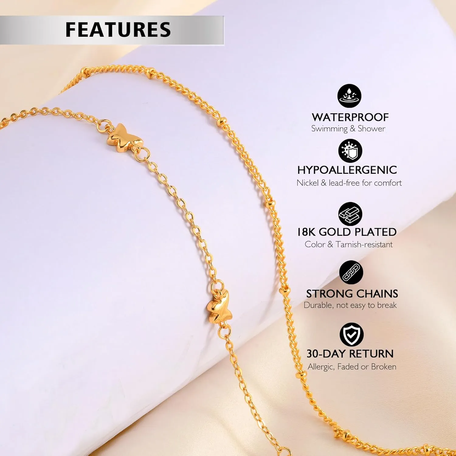 Anklets for Women 18K Gold Silver Plated Ankle Bracelets Waterproof Beaded Chain Dainty Layered Summer Beach Foot Jewelry Adjustable 2Pcs