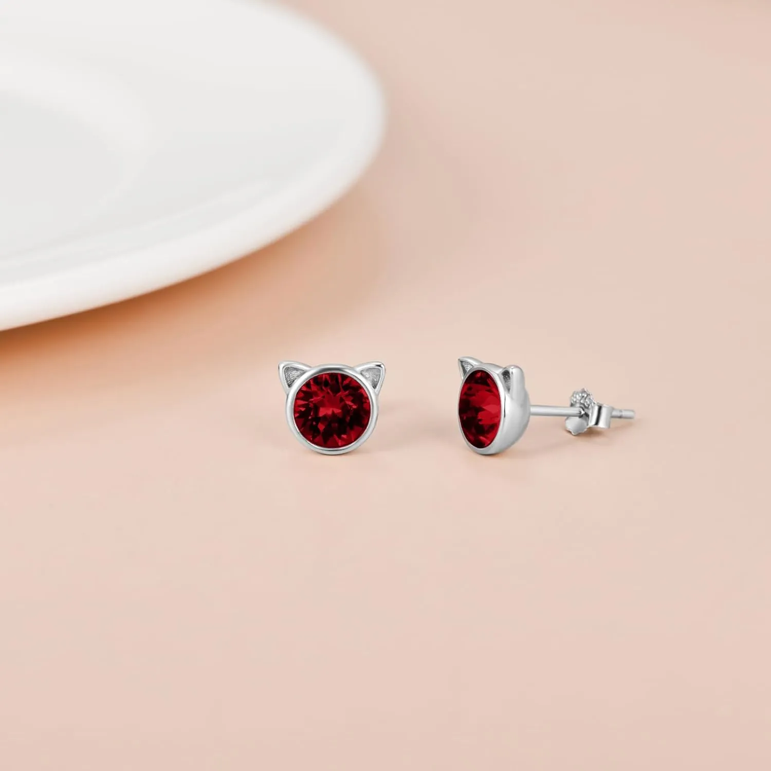 AOBOCO Cat Earrings 925 Sterling Silver 12 Birthstones Earrings for Women Hypoallergenic Studs