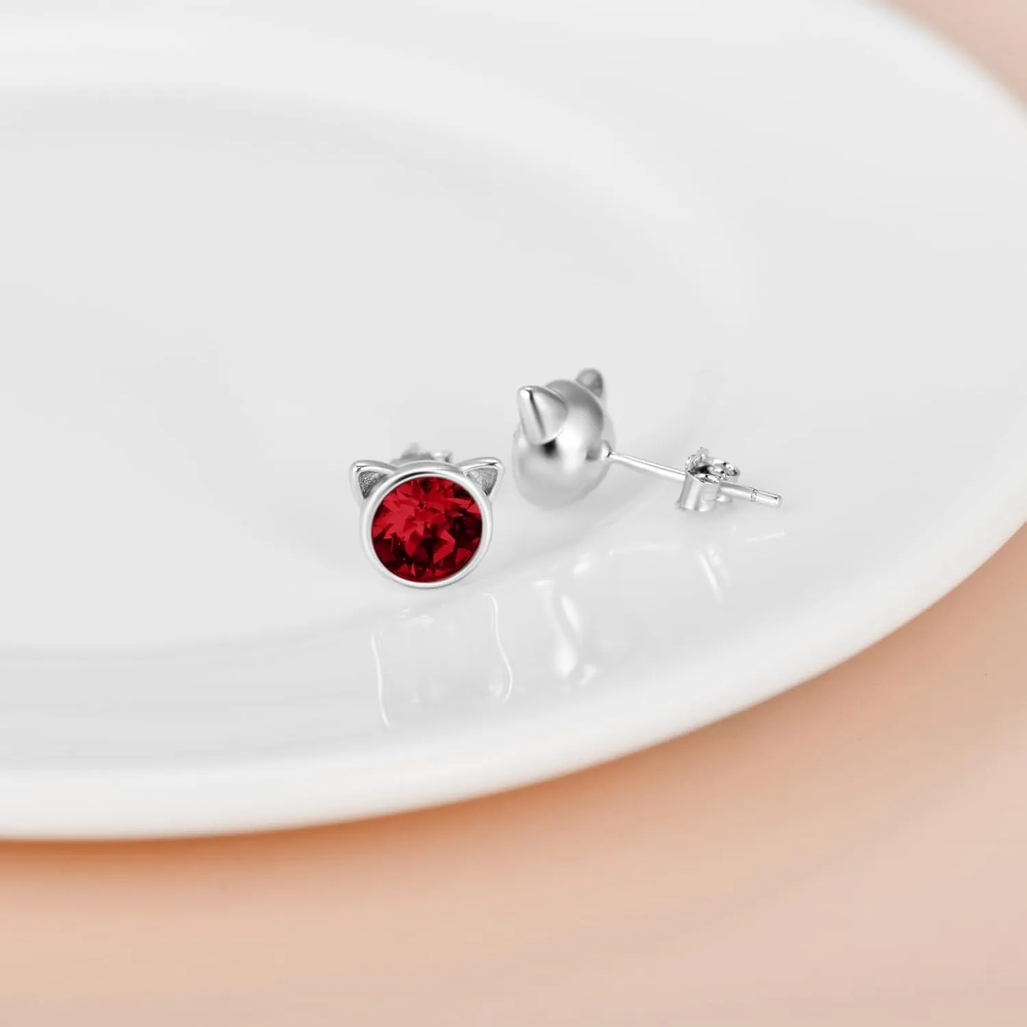 AOBOCO Cat Earrings 925 Sterling Silver 12 Birthstones Earrings for Women Hypoallergenic Studs