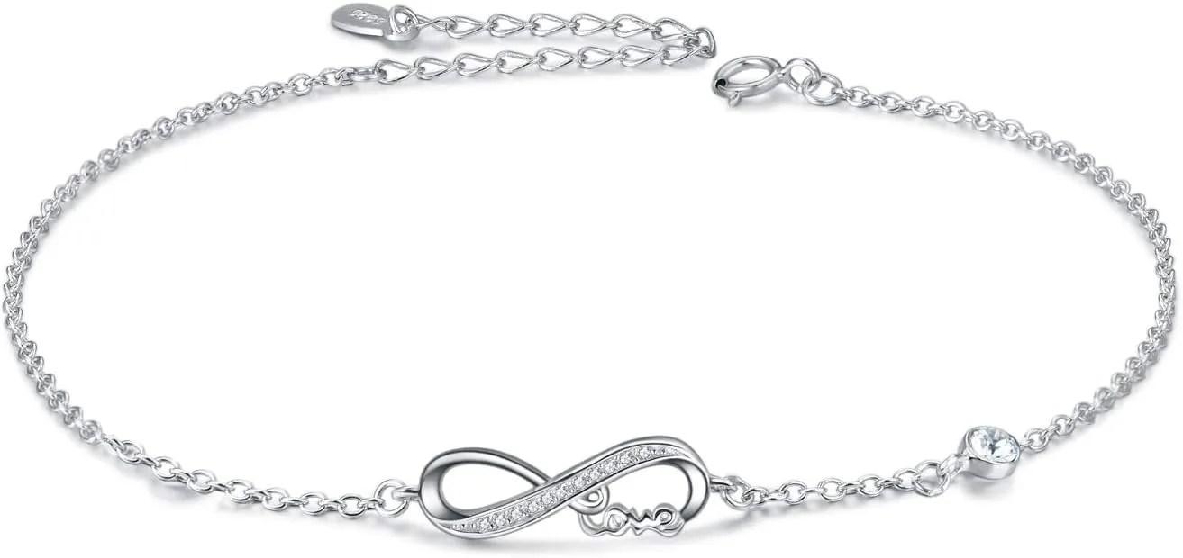 AOBOCO Infinity Love Anklet Sterling Silver Ankle Bracelet with Crystal from Austria, Hypoallergenic Foot Bracelet, Fine Jewelry Gifts for Women
