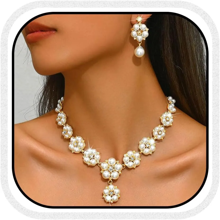 Aukmla Pearl Bridal Wedding Jewelry Set Sparkly Rhinestones Weddding Necklace Earrings Sets Prom Jewerly for Women
