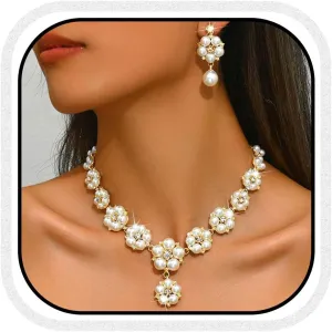 Aukmla Pearl Bridal Wedding Jewelry Set Sparkly Rhinestones Weddding Necklace Earrings Sets Prom Jewerly for Women
