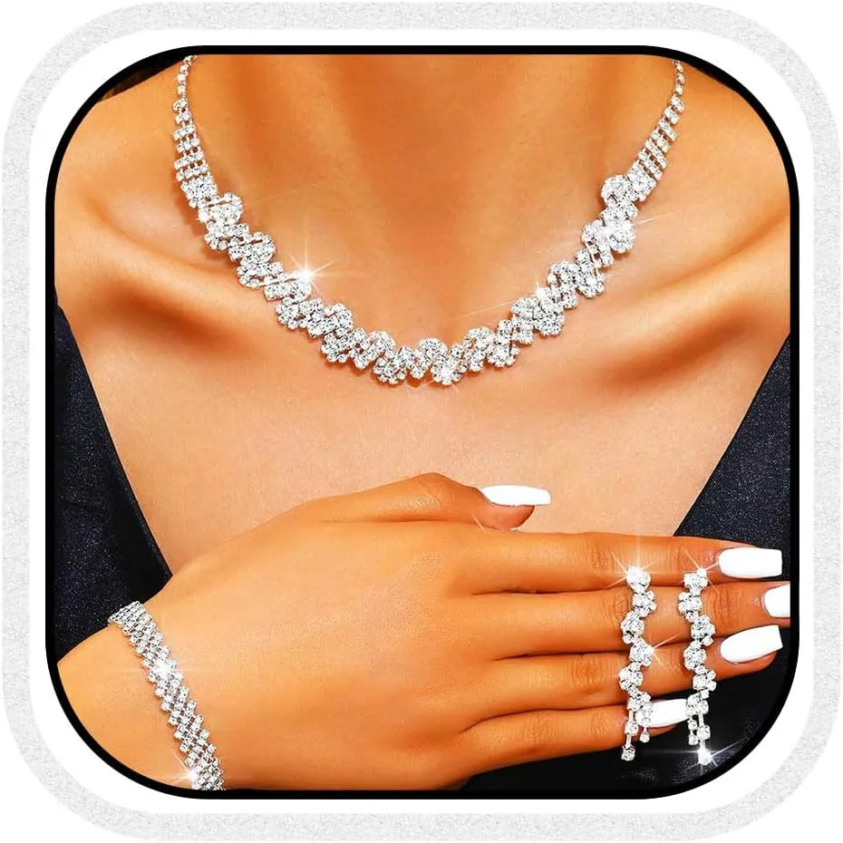Aukmla Rhinestone Bridal Jewelry Set Silver Crystal Bride Wedding Necklaces Earrings Bracelet Sets Prom Jewelry for Women