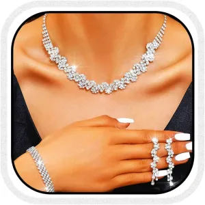 Aukmla Rhinestone Bridal Jewelry Set Silver Crystal Bride Wedding Necklaces Earrings Bracelet Sets Prom Jewelry for Women
