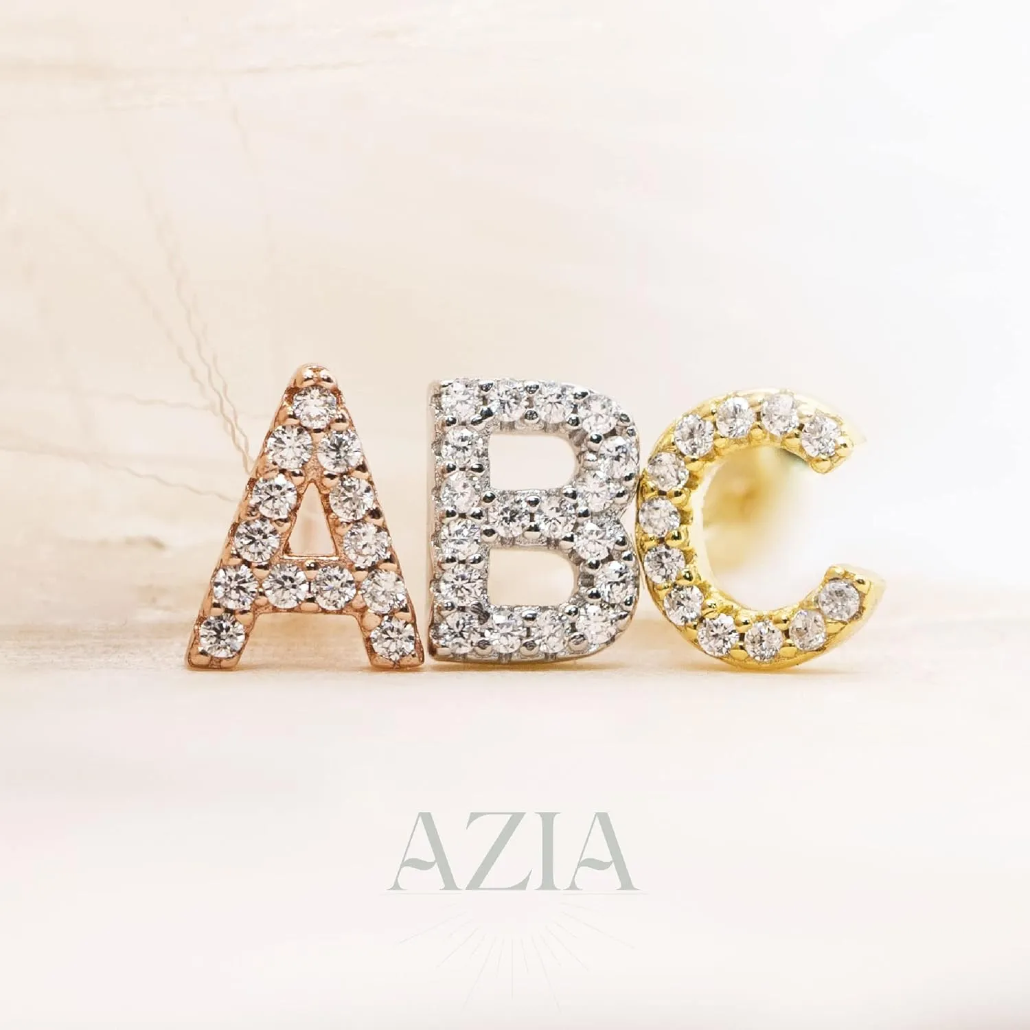 Azia Jewelry 925 Sterling Silver Stud Earrings For Women, 14k Gold Plated CZ Diamond Stud Sensitive Letter Earrings (Sold as Pairs)