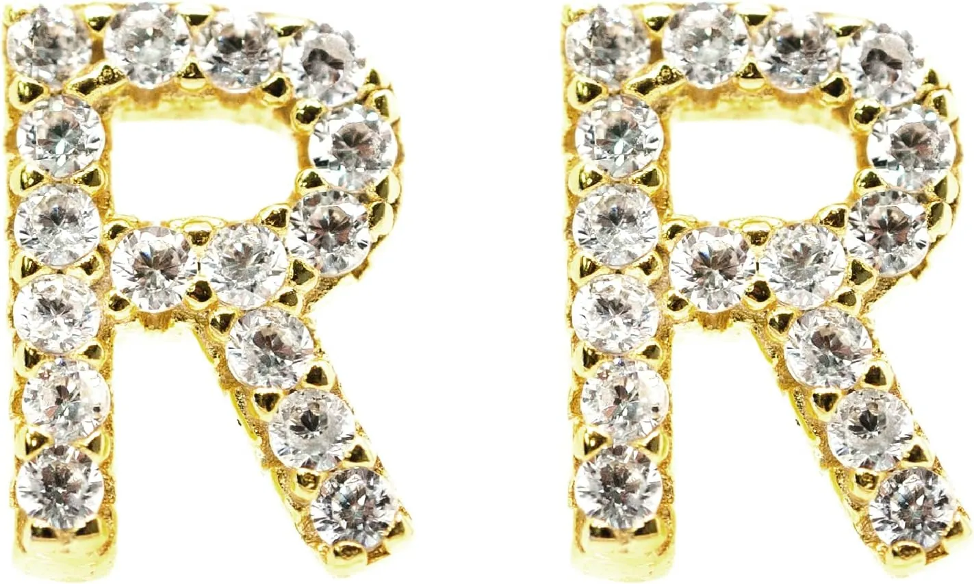 Azia Jewelry 925 Sterling Silver Stud Earrings For Women, 14k Gold Plated CZ Diamond Stud Sensitive Letter Earrings (Sold as Pairs)