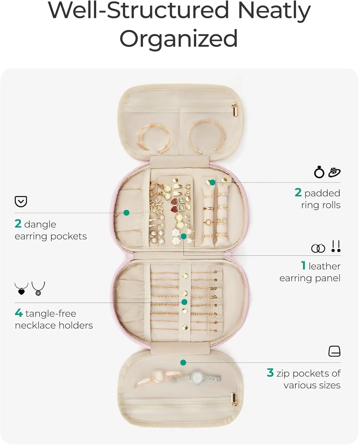 BAGSMART Travel Jewelry Case Jewelry Organizer Storage Roll Rings Necklaces Earrings Bracelets Brooches Watch Large Portable Black