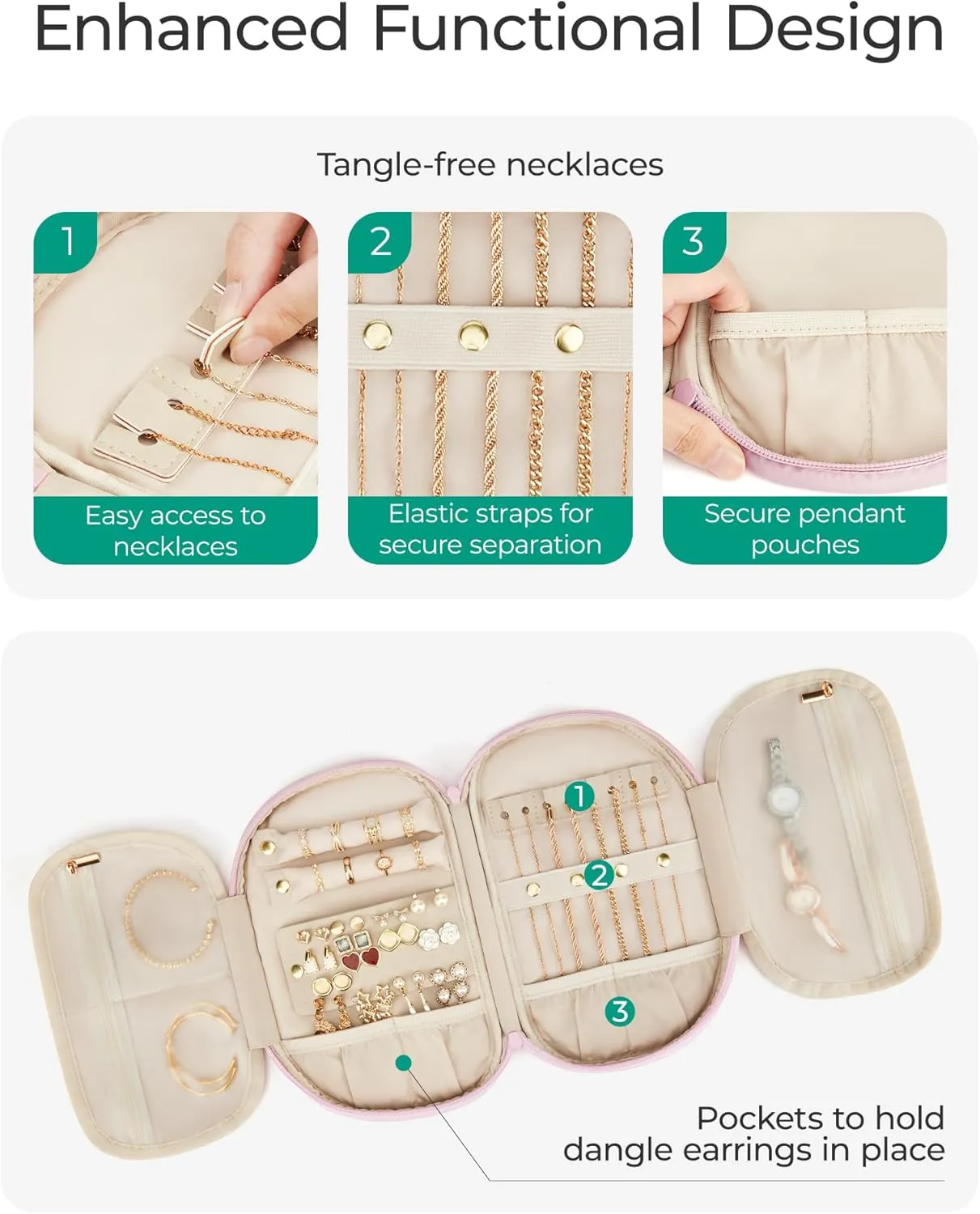 BAGSMART Travel Jewelry Case Jewelry Organizer Storage Roll Rings Necklaces Earrings Bracelets Brooches Watch Large Portable Black