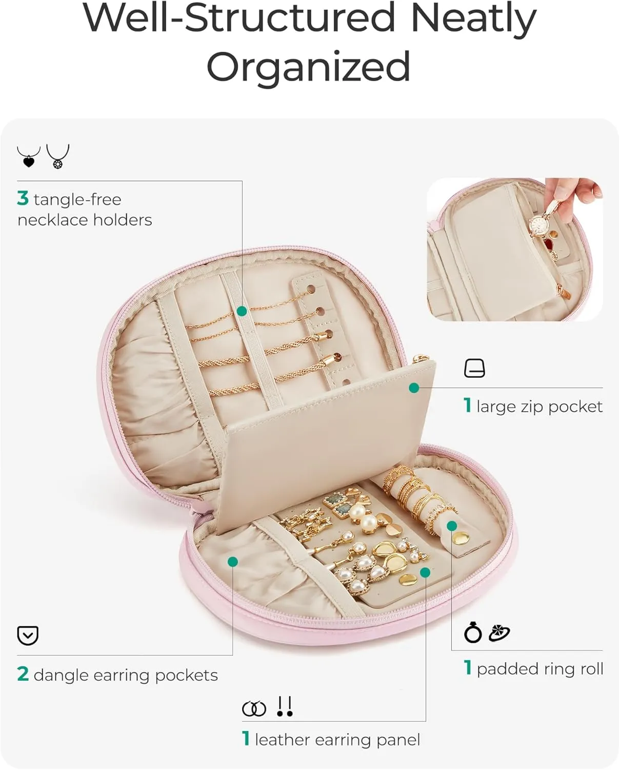 BAGSMART Travel Jewelry Case Jewelry Organizer Storage Roll Rings Necklaces Earrings Bracelets Brooches Watch Small Portable Light Pink