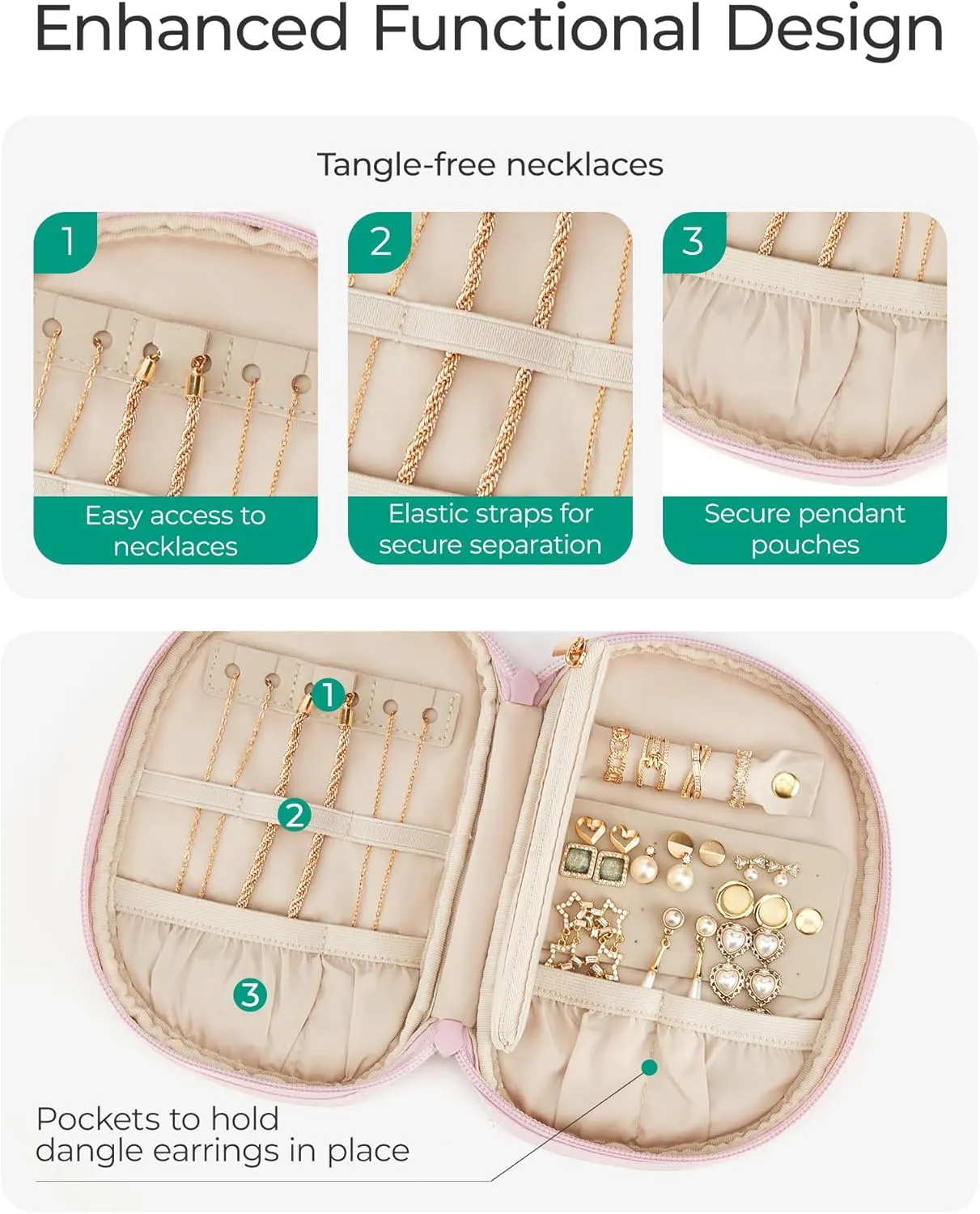 BAGSMART Travel Jewelry Case Jewelry Organizer Storage Roll Rings Necklaces Earrings Bracelets Brooches Watch Small Portable Light Pink