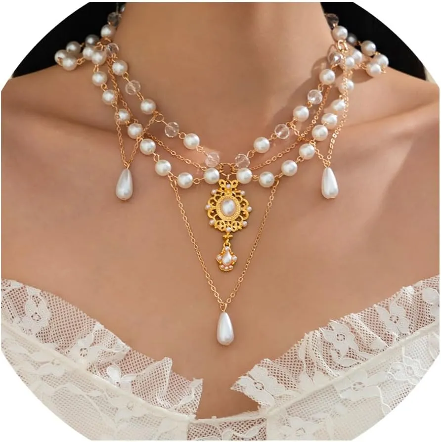Baroque Pearl Pendant Layered Necklace for Women,Dainty 14k Gold Plated Artificial Baroque Pearls Necklaces, Vintage Statement Pearl Choker Jewelry Gift