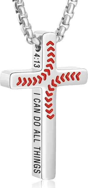 Baseball Necklace for Men Confirmation Bible Verse Baseball Stainless Steel Cross Pendant Necklaces 18 2 Inches