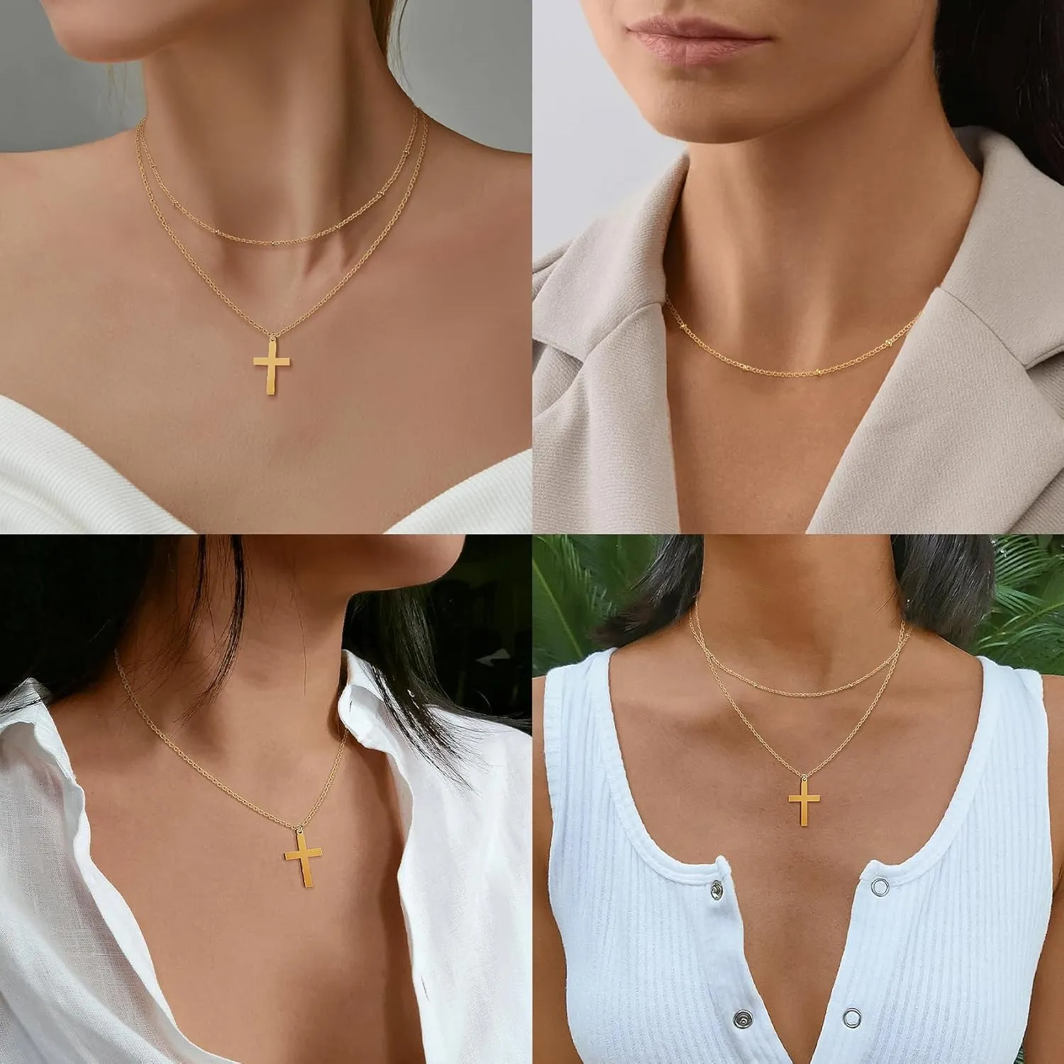 Bassion Cross Necklace for Women, 18K Gold Plated Dainty Layered Necklaces Adjustable Cross Pendant Choker Chain Necklace Jewelry