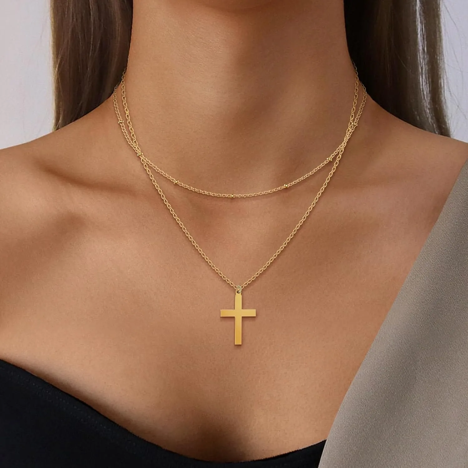 Bassion Cross Necklace for Women, 18K Gold Plated Dainty Layered Necklaces Adjustable Cross Pendant Choker Chain Necklace Jewelry