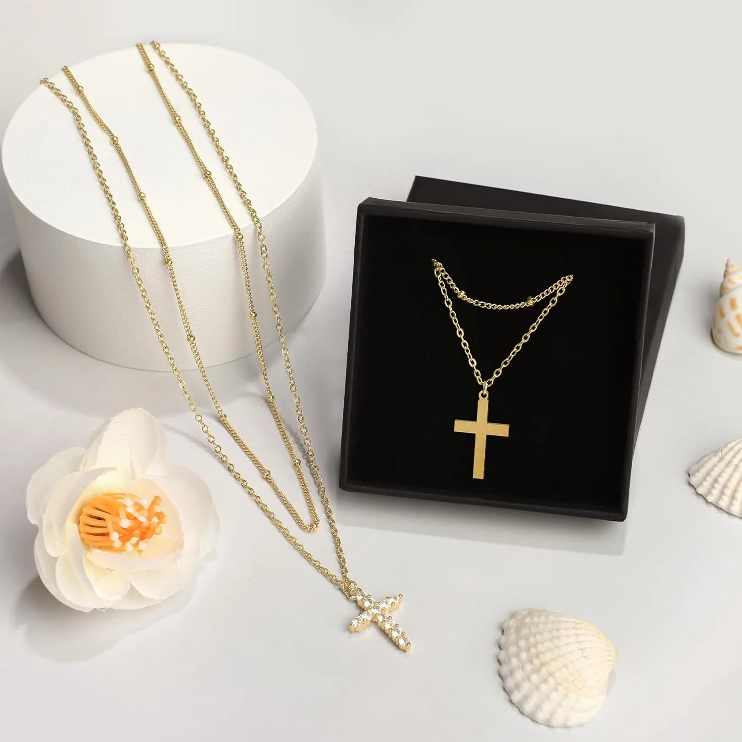 Bassion Cross Necklace for Women, 18K Gold Plated Dainty Layered Necklaces Adjustable Cross Pendant Choker Chain Necklace Jewelry