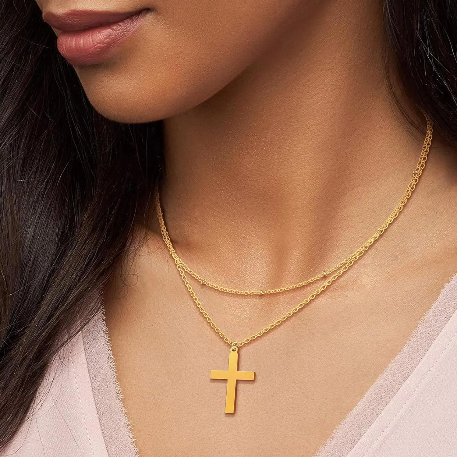 Bassion Cross Necklace for Women, 18K Gold Plated Dainty Layered Necklaces Adjustable Cross Pendant Choker Chain Necklace Jewelry