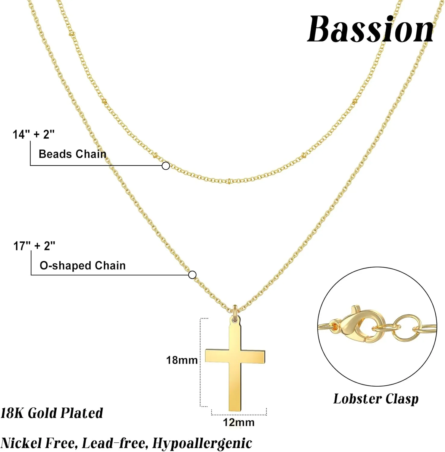 Bassion Cross Necklace for Women, 18K Gold Plated Dainty Layered Necklaces Adjustable Cross Pendant Choker Chain Necklace Jewelry