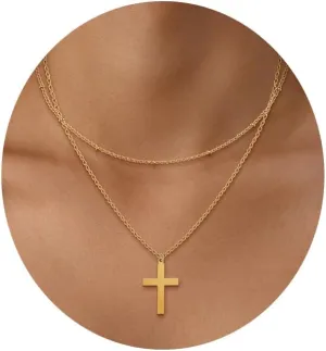 Bassion Cross Necklace for Women, 18K Gold Plated Dainty Layered Necklaces Adjustable Cross Pendant Choker Chain Necklace Jewelry