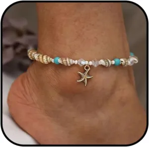 Beach Puka Shell Anklet for Women Waterproof Beaded Ankle Bracelets Adjustable Starfish Seashell Pearl Foot Chain Boho Jewerly Present for Summer Beach Party (Blue)