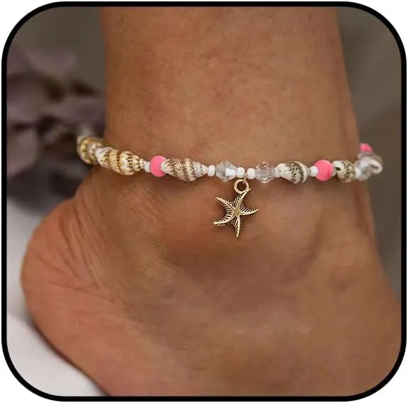 Beach Puka Shell Anklet for Women Waterproof Beaded Ankle Bracelets Adjustable Starfish Seashell Pearl Foot Chain Boho Jewerly Present for Summer Beach Party (Pink)